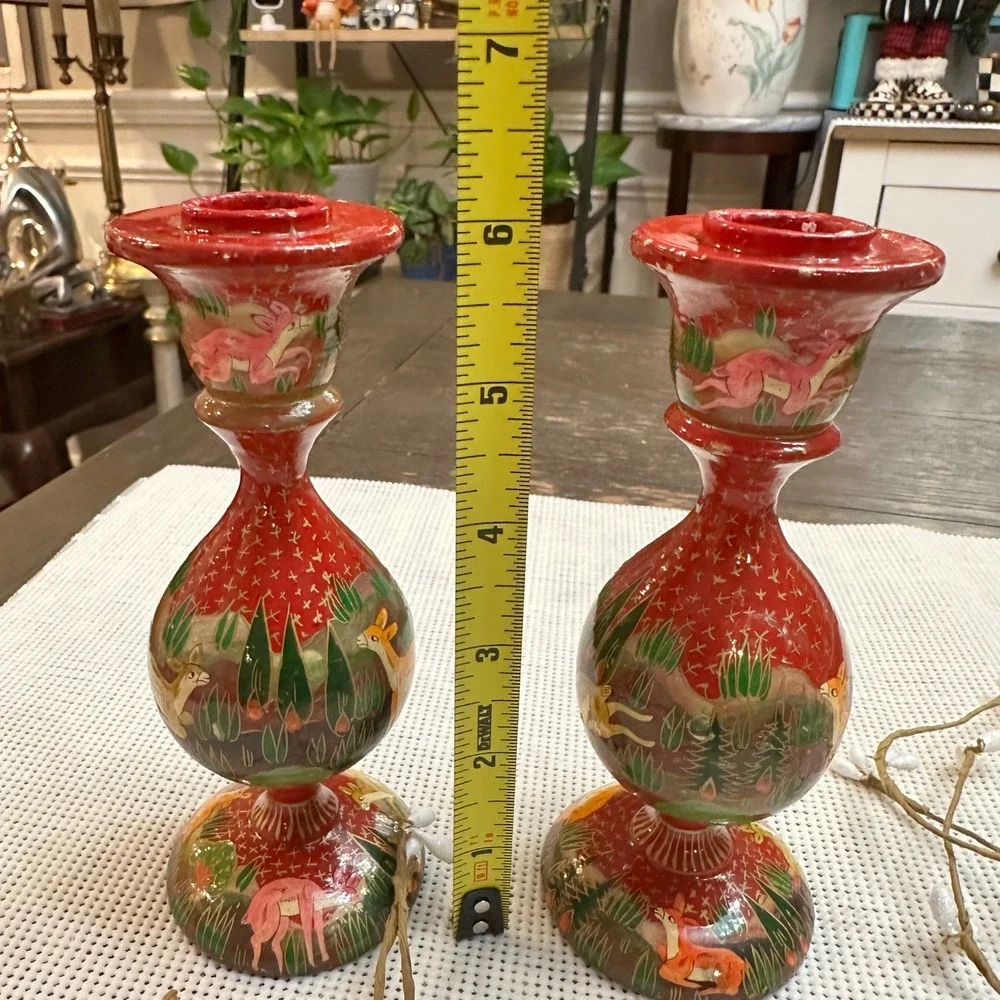 Hand‎ Painted Paper Mache Candleholders 2 Piece Vintage Deers